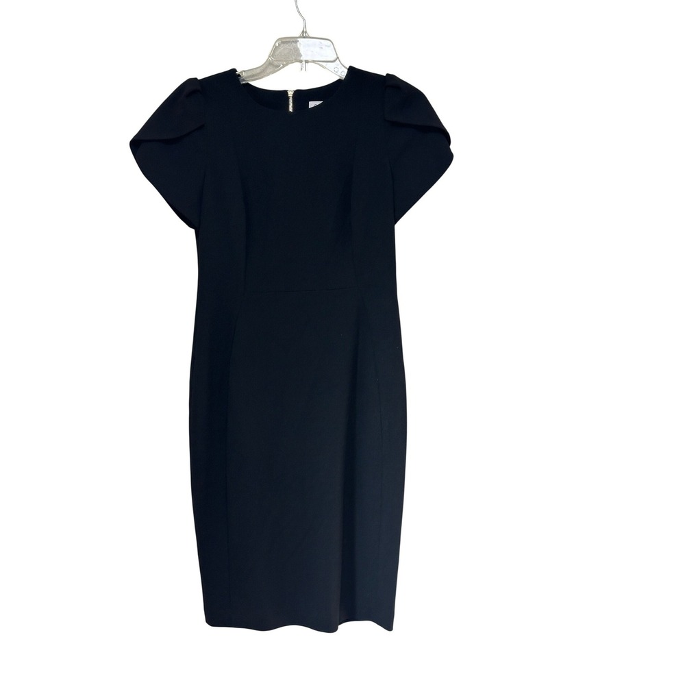 Calvin Klein Black Sheath Dress Puff Sleeve Zipper Back Size 6 LBD Evening